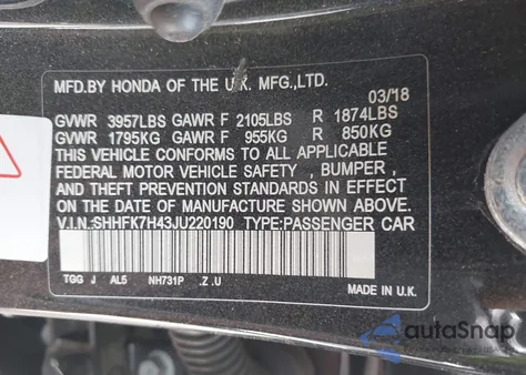 2018 Honda Civic Sport from USA, damaged, VIN SHHFK7H43JU220190